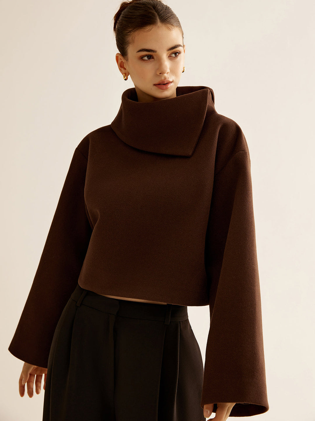 Plain Turtleneck Tweed Top