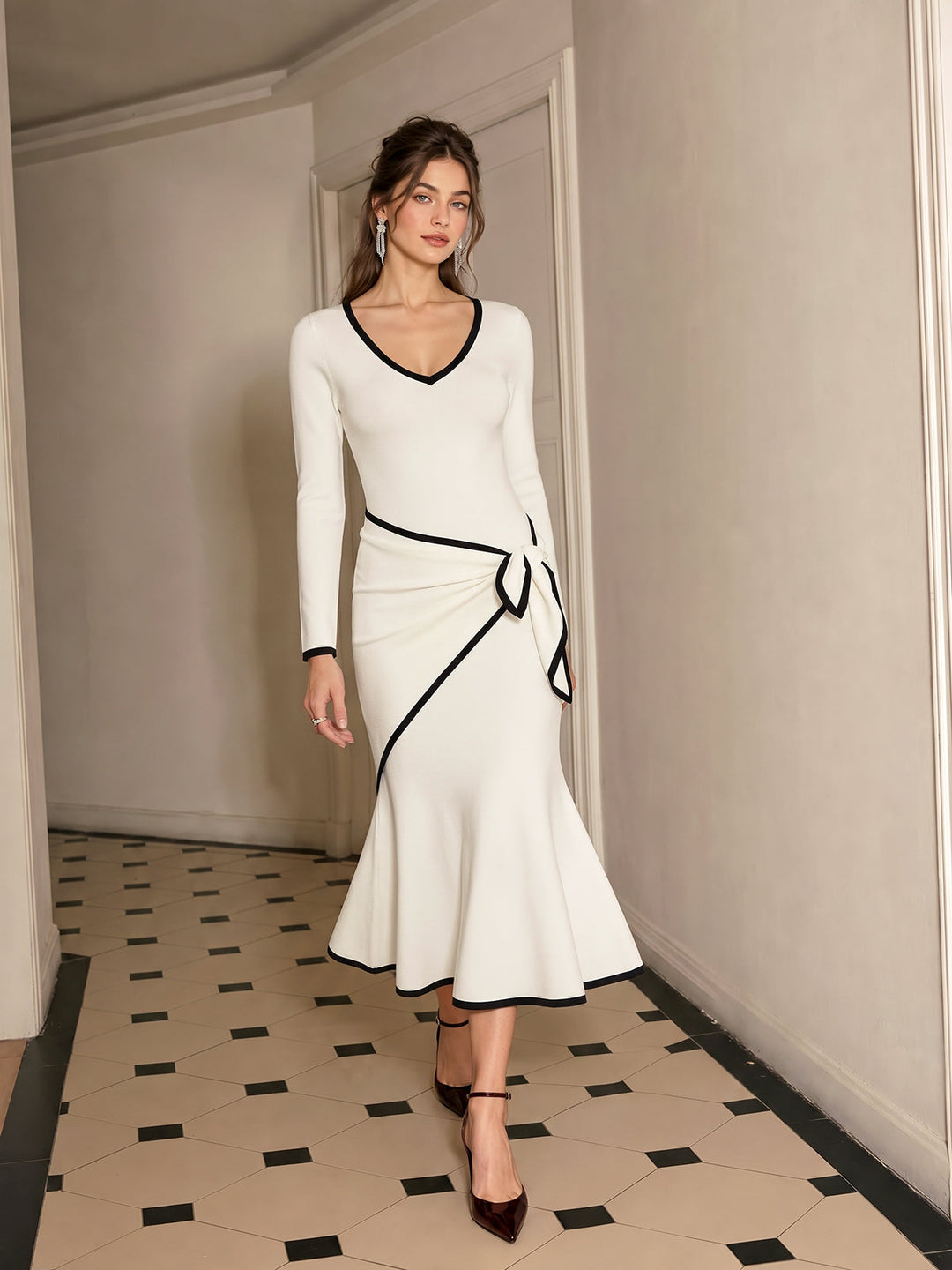 Contrast Trim Tie Waist Mermaid Midi Dress