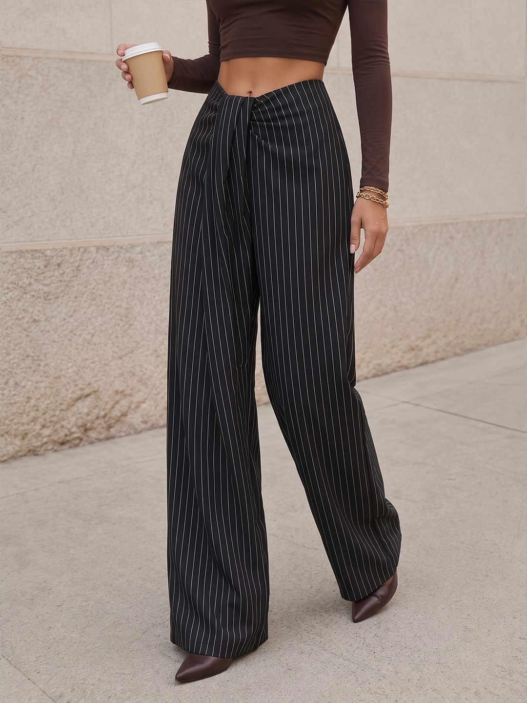 Twisted Waist Pinstripe Wide Leg Pants - women's trousers, sleeve detail