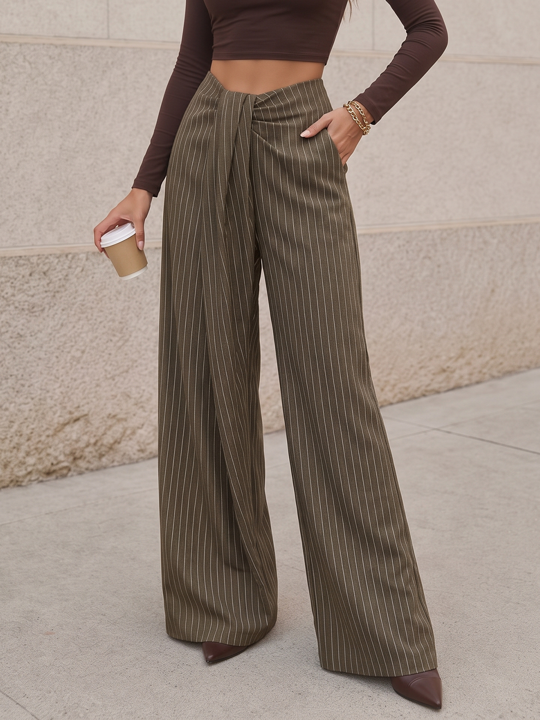 Twisted Waist Pinstripe Wide Leg Pants - women's trousers, styled with heels