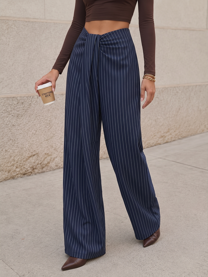 Twisted Waist Pinstripe Wide Leg Pants - women's trousers, neckline detail