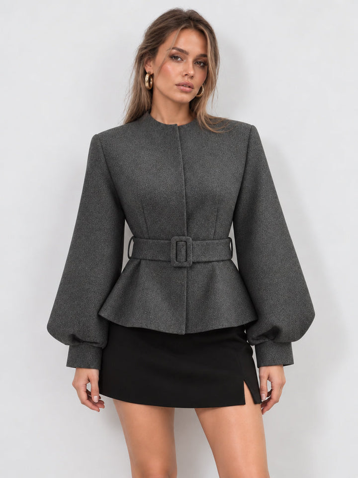 Belted Peplum High Wool Blend Blazer - women's blazer, back view