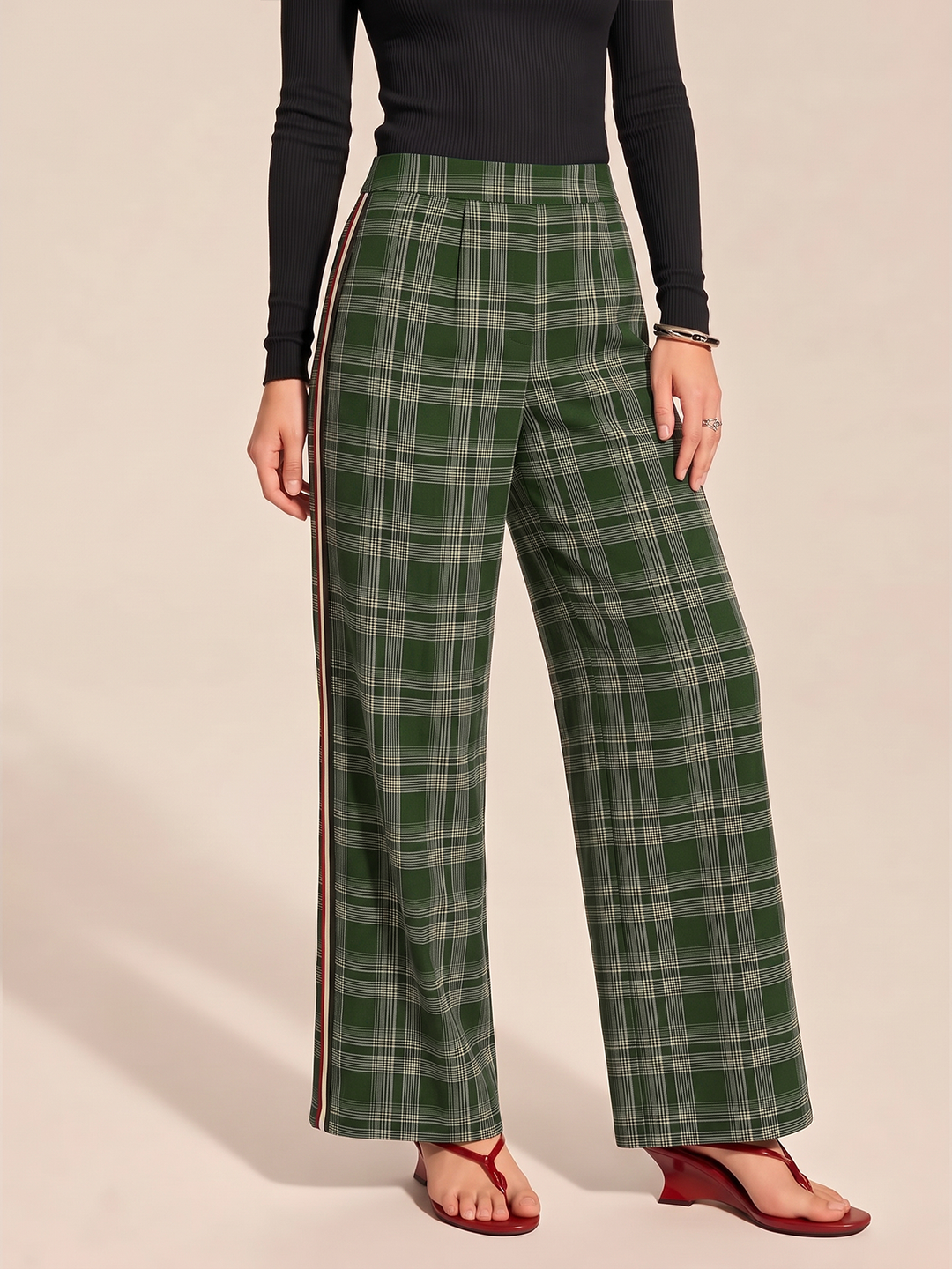 Plaid Side Stripe Straight Leg Pants