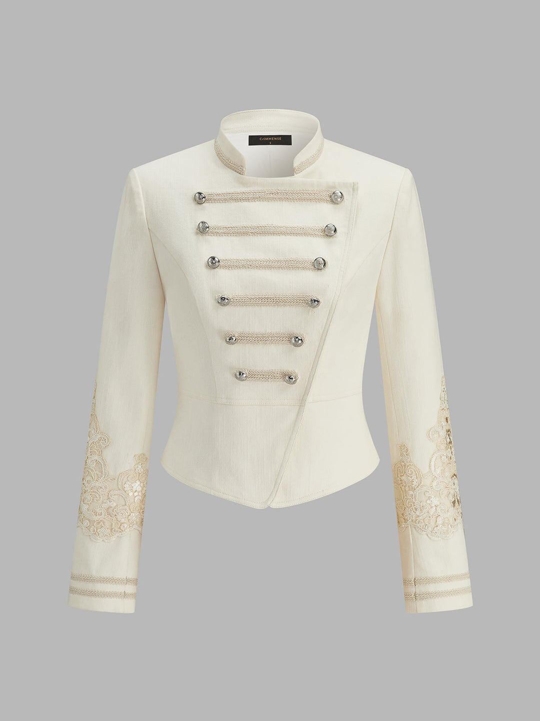 Product shot of the ivory double breasted military jacket with stand collar, front view