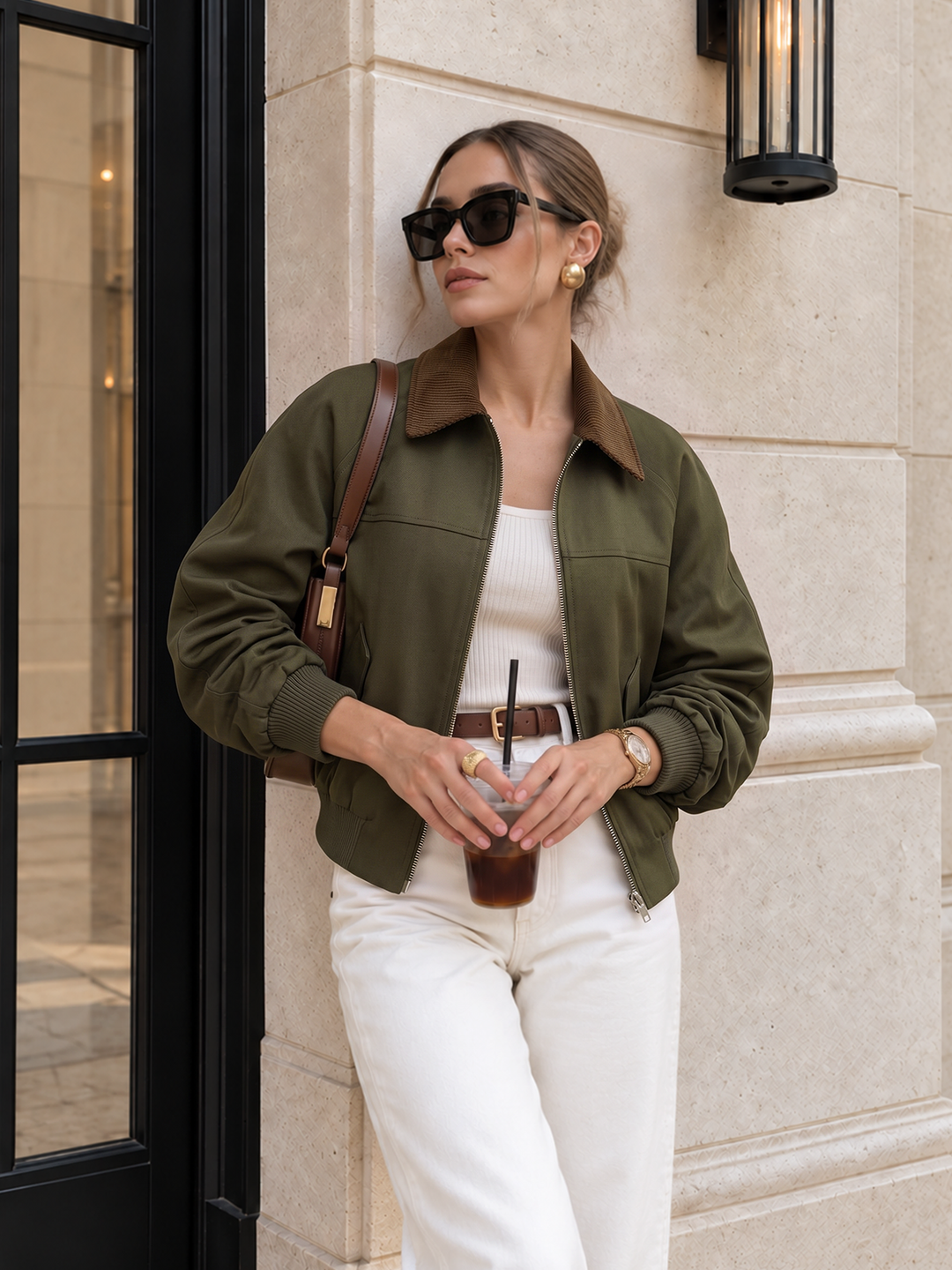 Woman in army green bomber jacket with brown corduroy collar, white jeans and iced coffee