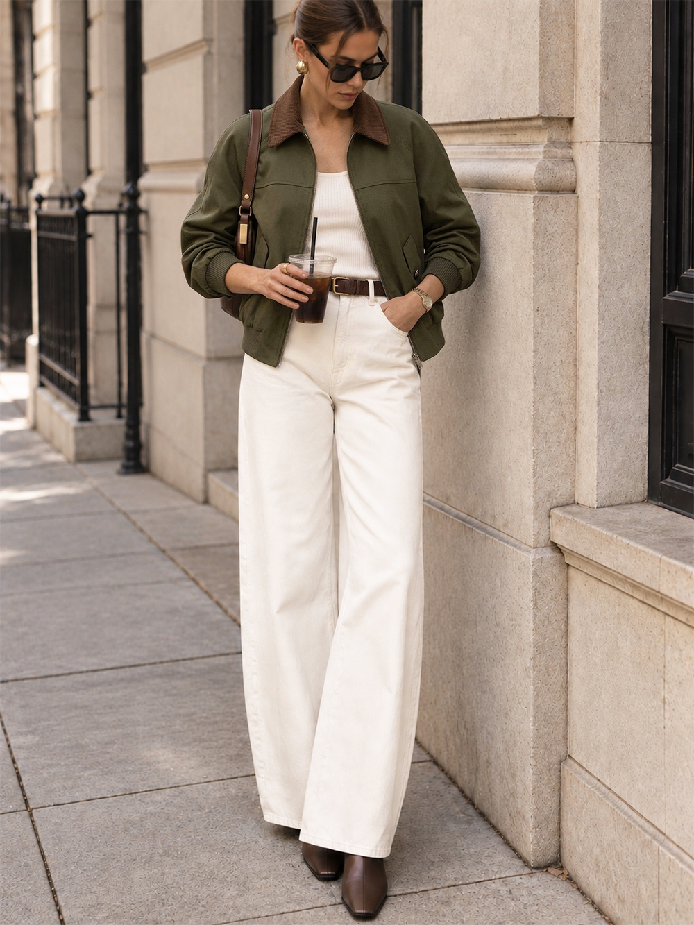 Street style side view of olive zip-front bomber jacket with wide-leg cream trousers