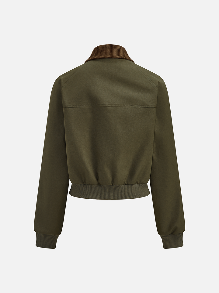Back view of the cropped army green bomber jacket with ribbed hem