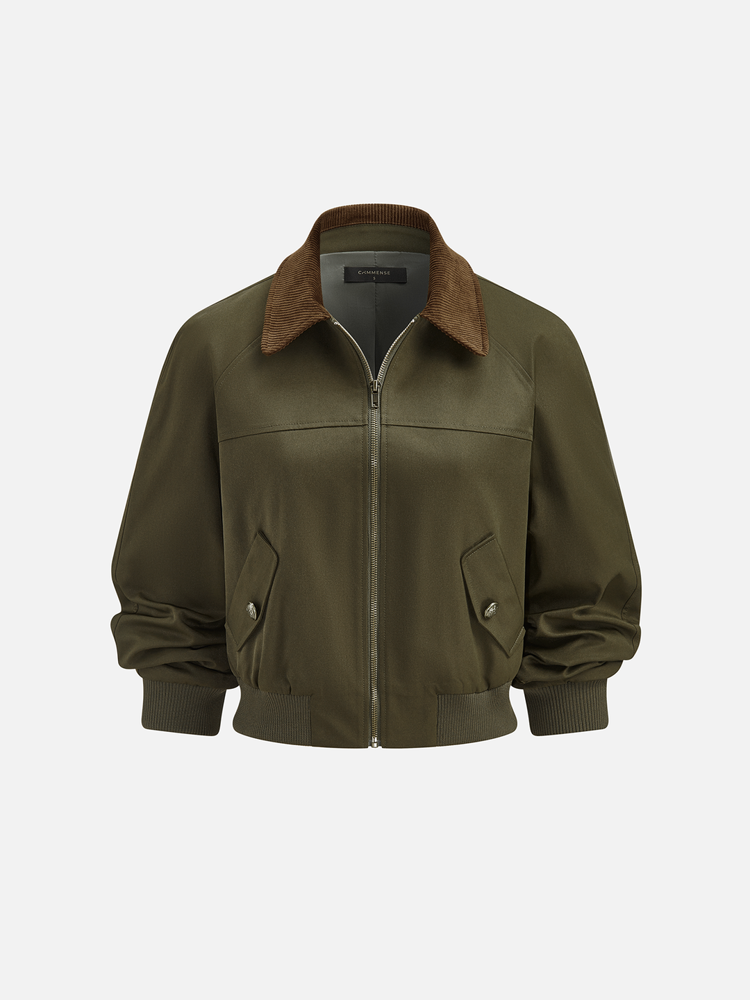 Product front view of army green bomber jacket with corduroy collar and ribbed cuffs