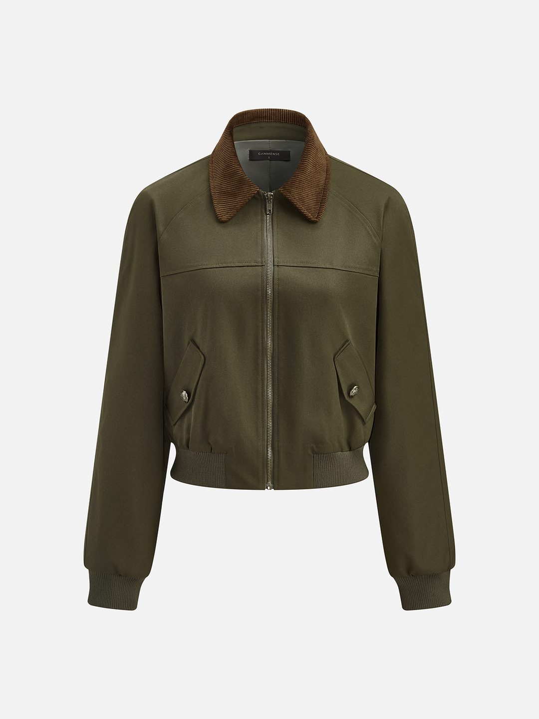 Three-quarter product view of the olive bomber showing flap pockets and zip closure