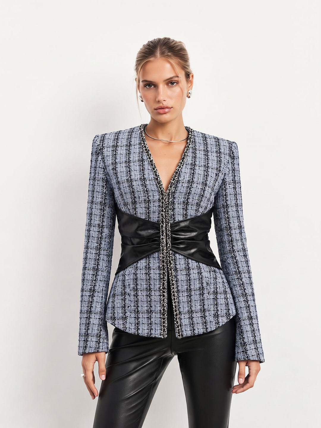 Tweed Faux Leather Waist Blazer — women's blazers, front view