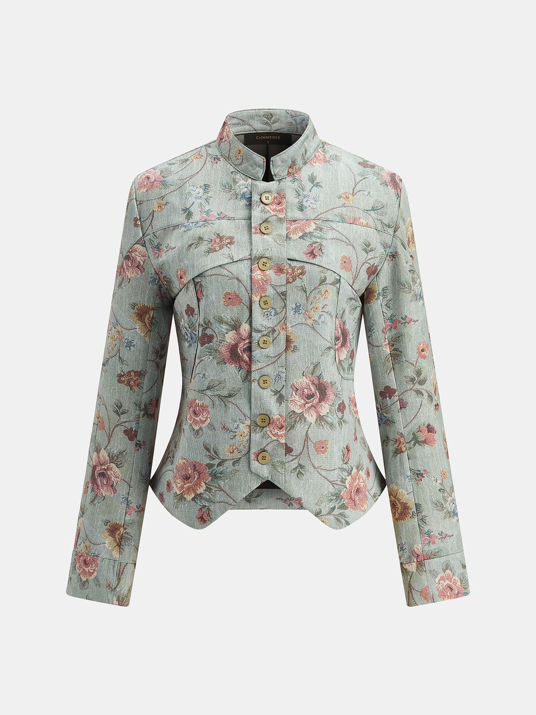 Front product shot of sage green floral tapestry jacket with mandarin stand collar
