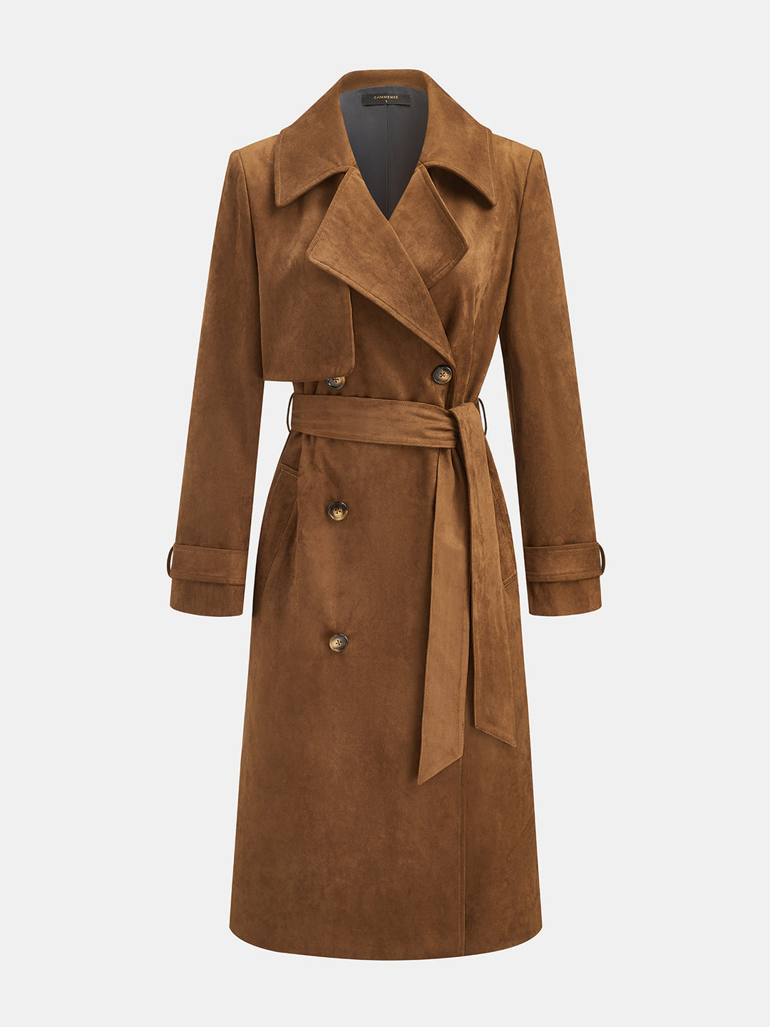 Belted Faux Suede Double‑Breasted Trench Coat
