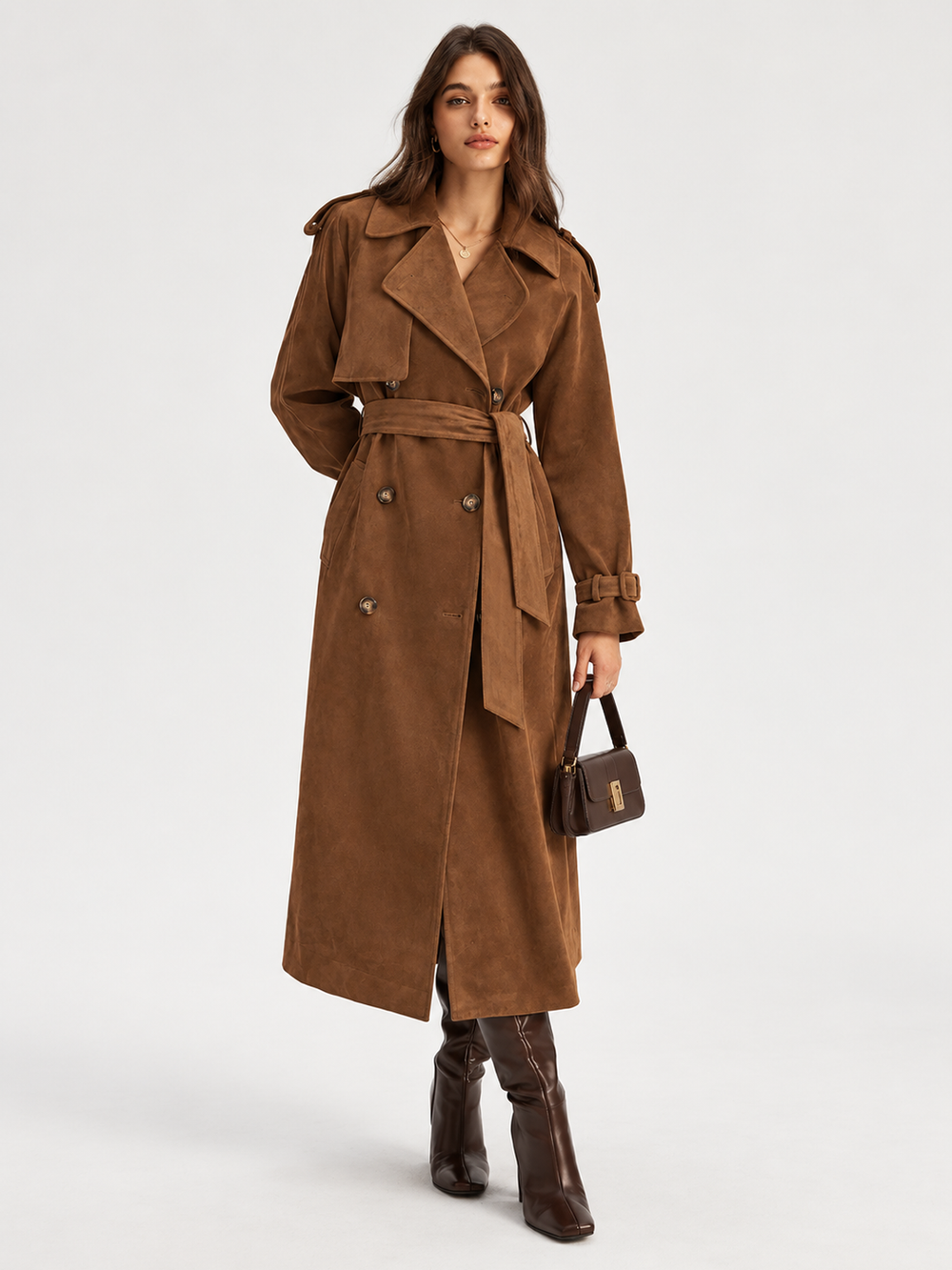 Belted Faux Suede Double‑Breasted Trench Coat — women's trench coats, back view