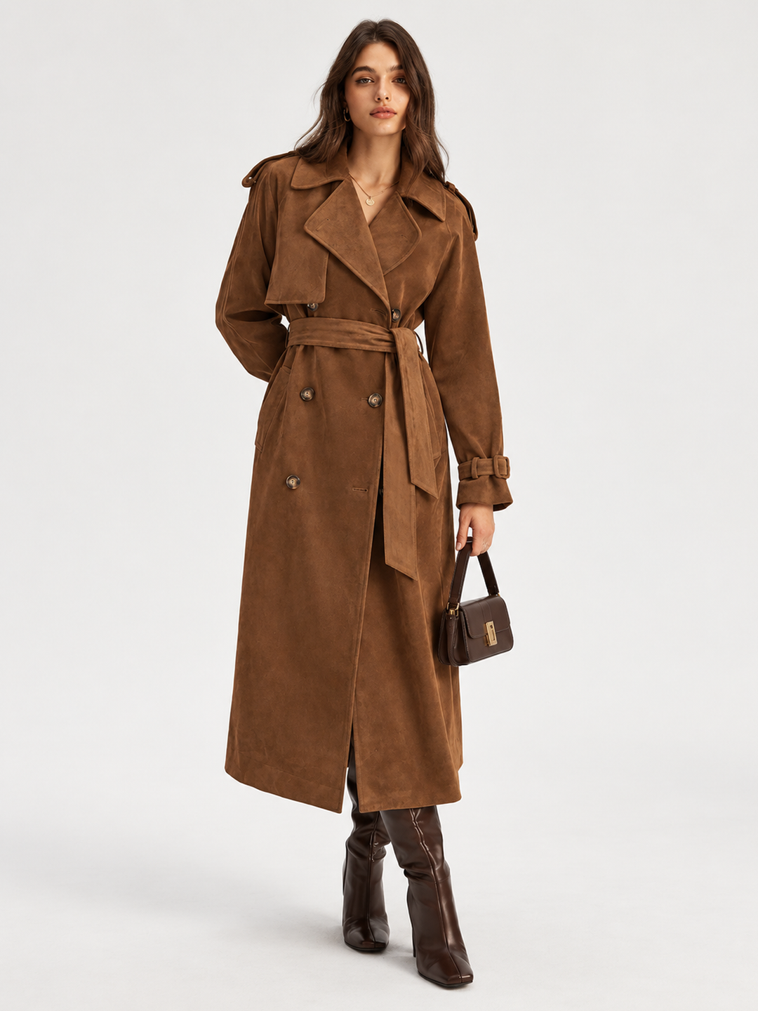 Belted Faux Suede Double‑Breasted Trench Coat