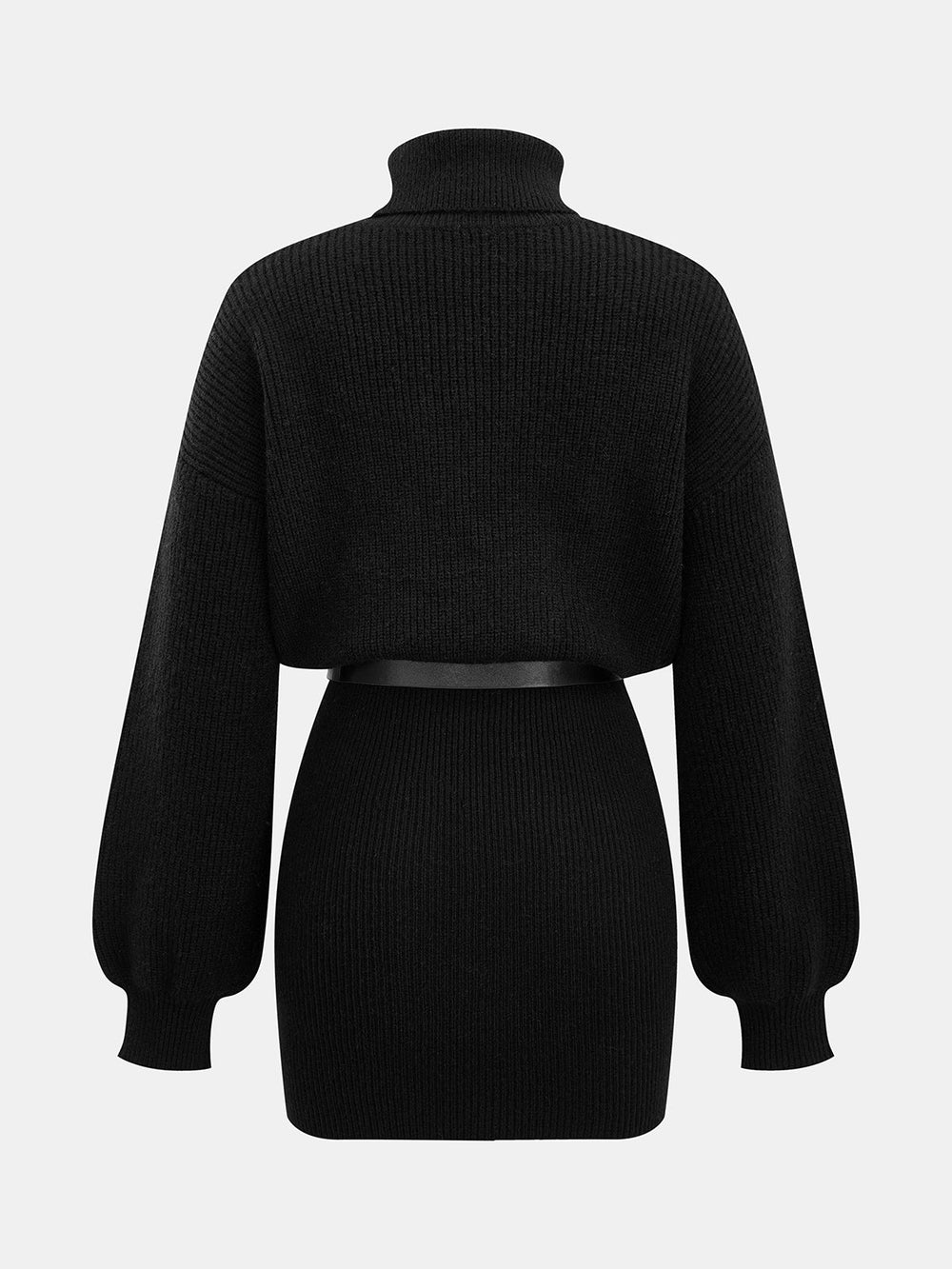 Belted Turtleneck Knit Mini Dress — women's sweater dresses, back view