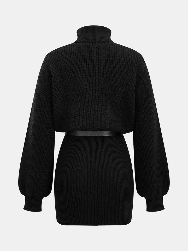 Belted Turtleneck Knit Mini Dress