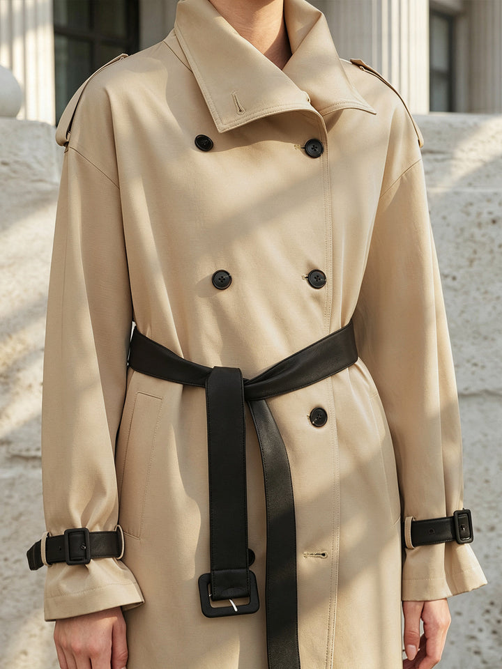 Belted Stand‑Collar Double‑Breasted Trench Coat