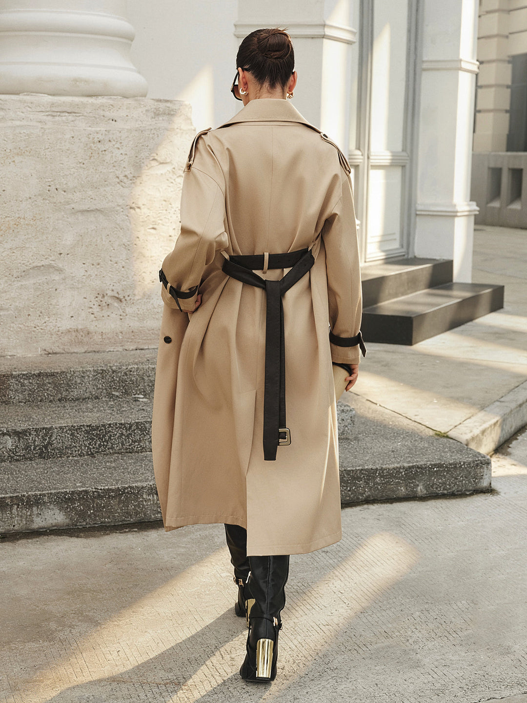 Belted Stand‑Collar Double‑Breasted Trench Coat
