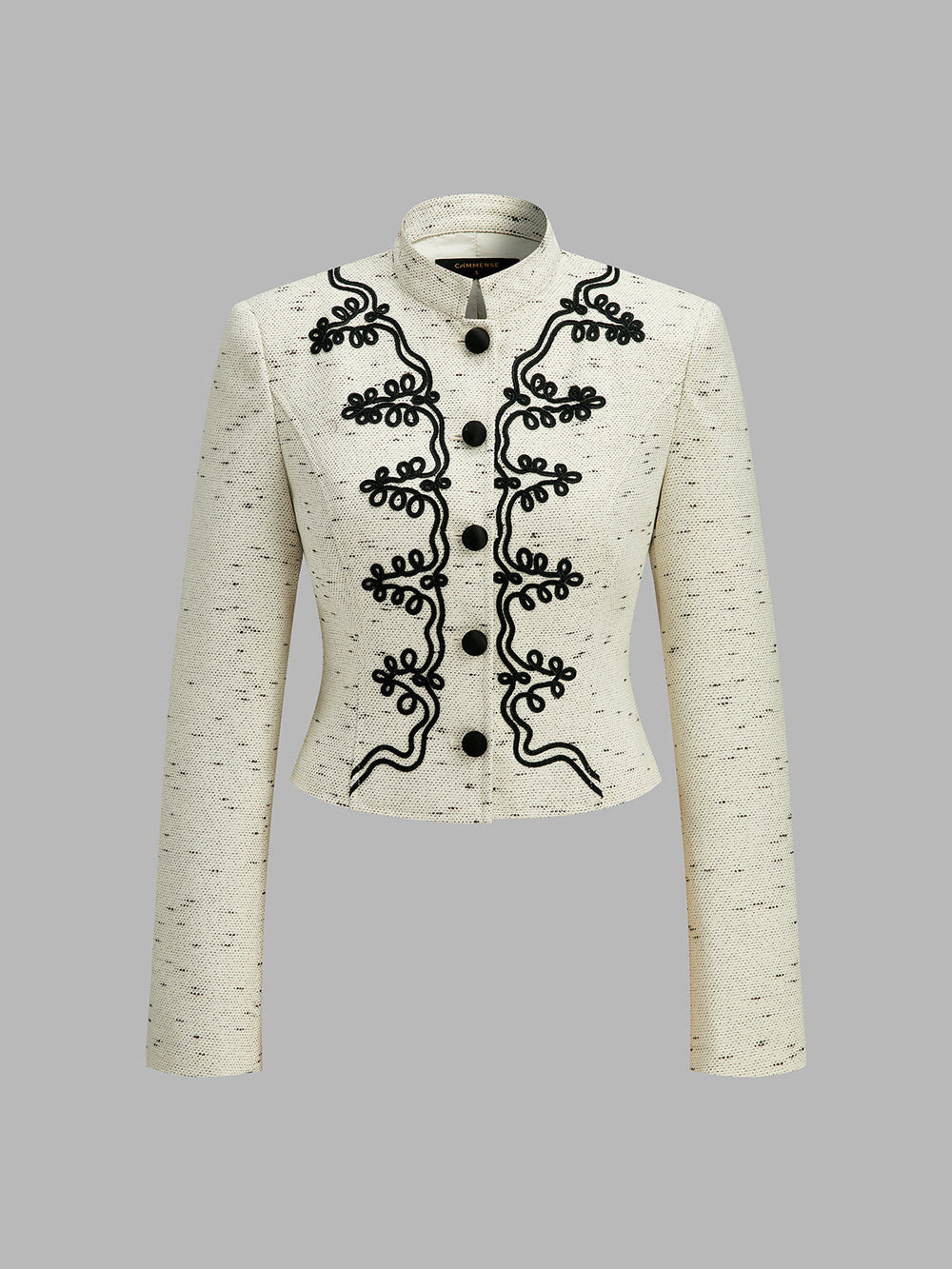 Stand Collar Embroidery Cropped Tweed Jacket — women's blazers, back view