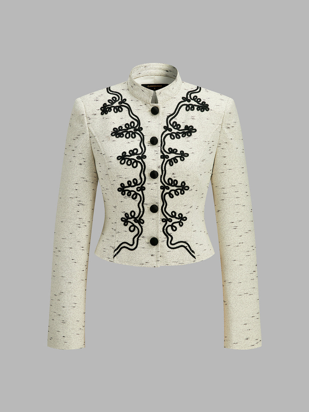 Stand Collar Embroidery Cropped Tweed Jacket