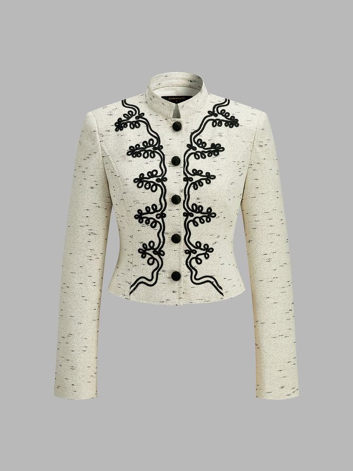 Stand Collar Embroidery Cropped Tweed Jacket