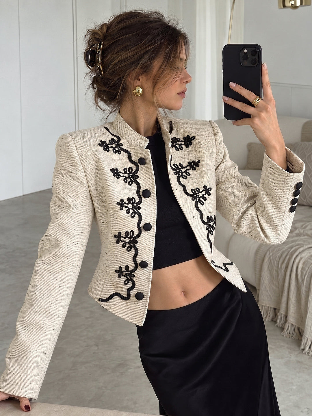 Stand Collar Embroidery Cropped Tweed Jacket — women's blazers, front view