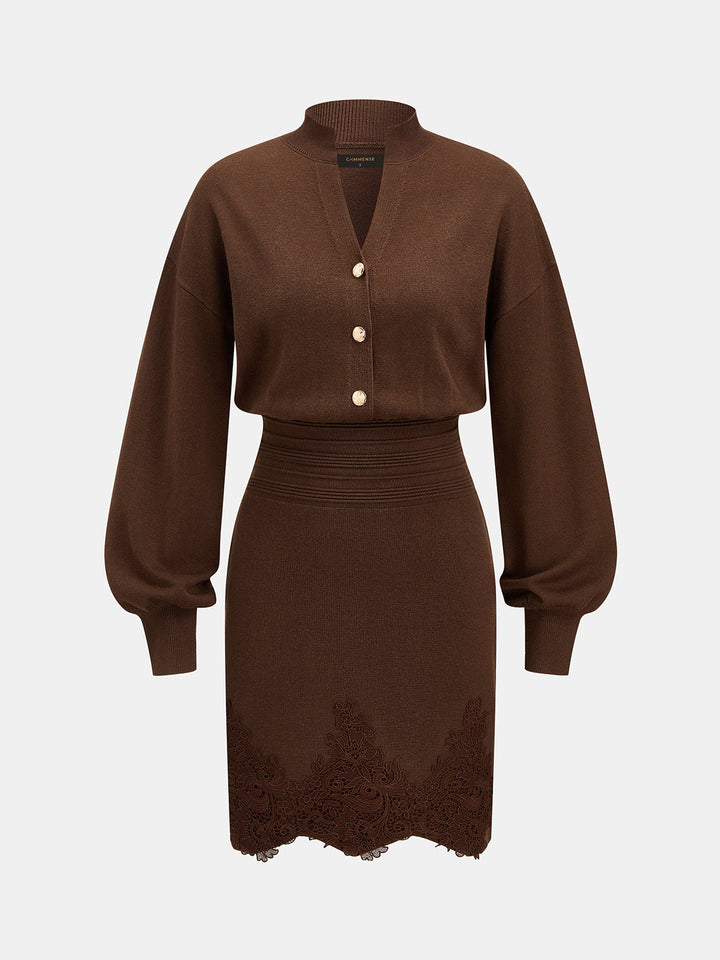 Lace Hem Wool Blend Knit Mini Dress