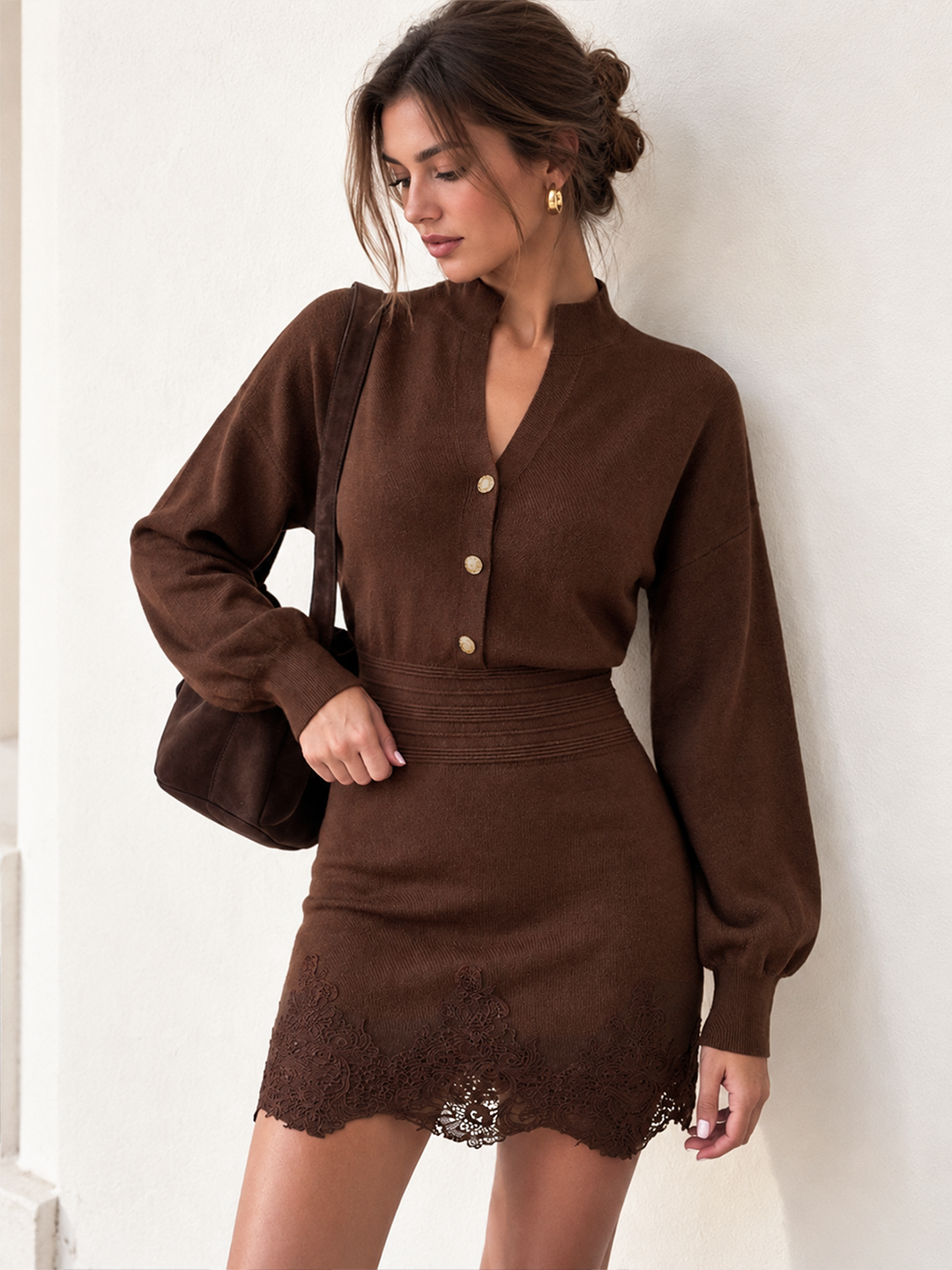 Lace Hem Wool Blend Knit Mini Dress — women's sweater dresses, front view