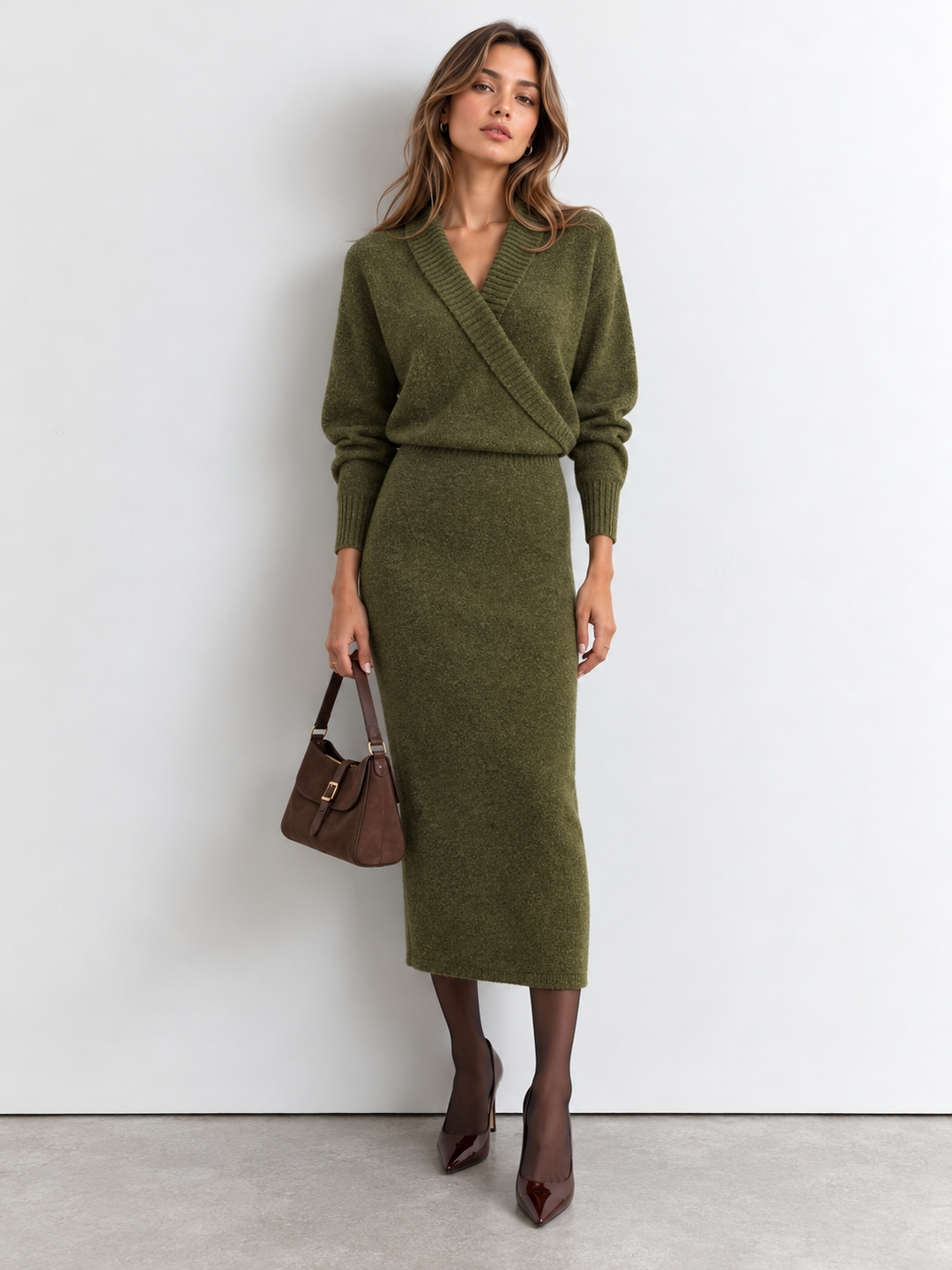 Wrap V-Neck Long Sleeve Knit Dress — women's sweater dresses, front view
