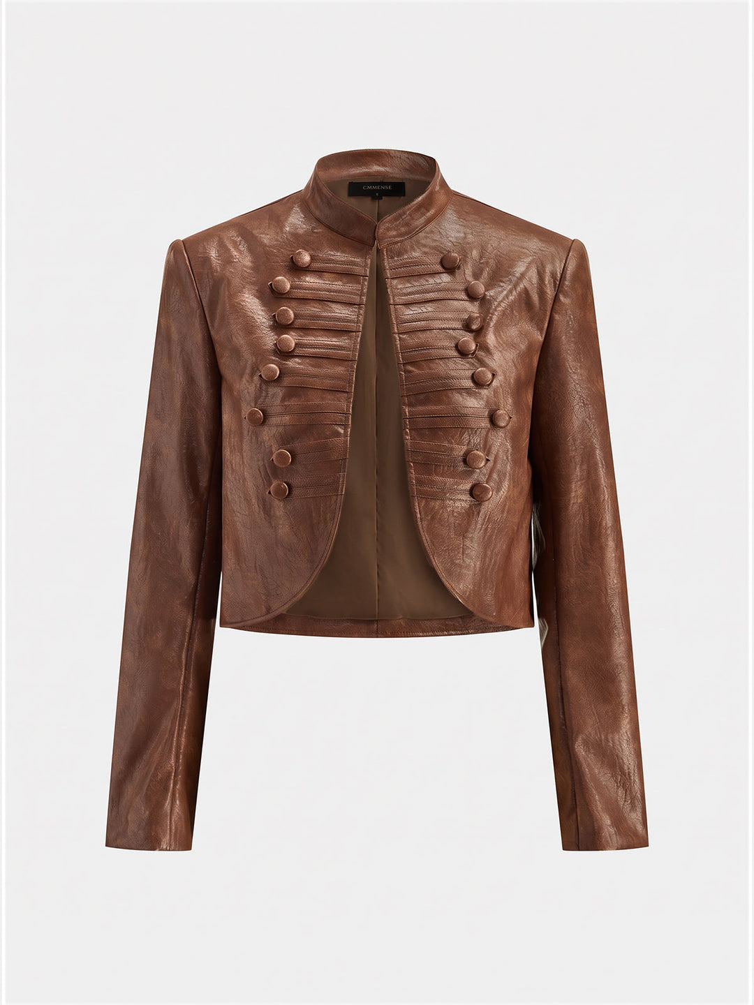 Brown Napoleon style cropped faux leather jacket, front product shot with stand collar