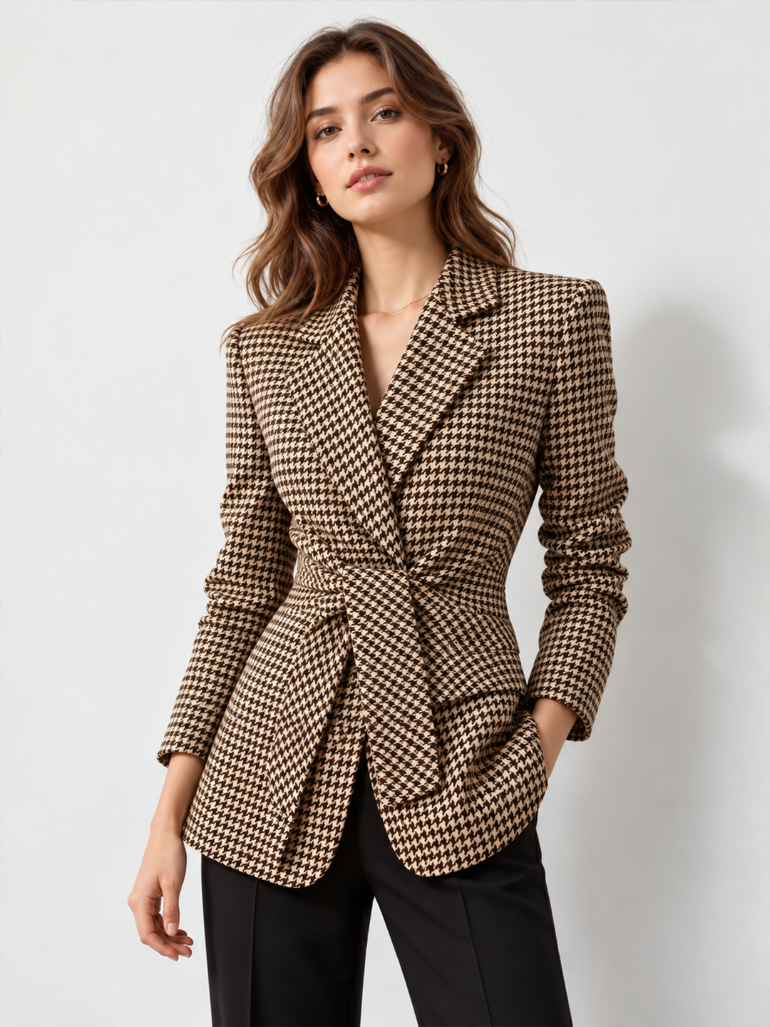 Houndstooth Tie‑Waist Blazer — women's blazers, front view