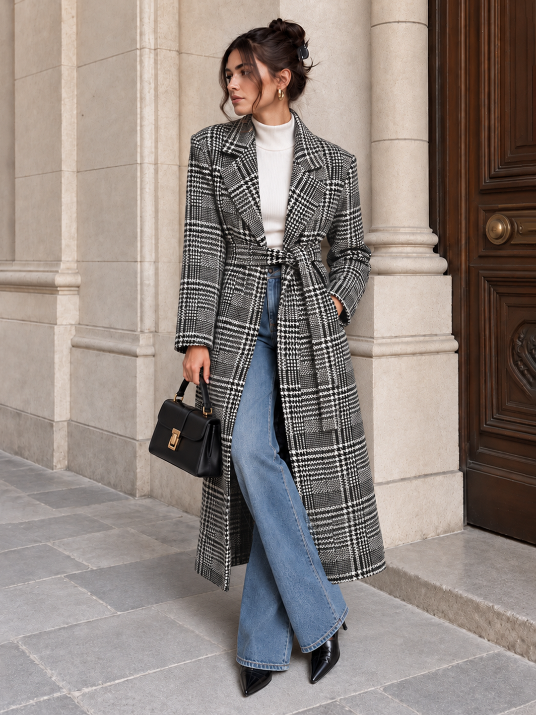 Belted Plaid Lapel Long Coat
