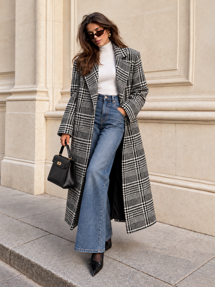 Belted Plaid Lapel Long Coat
