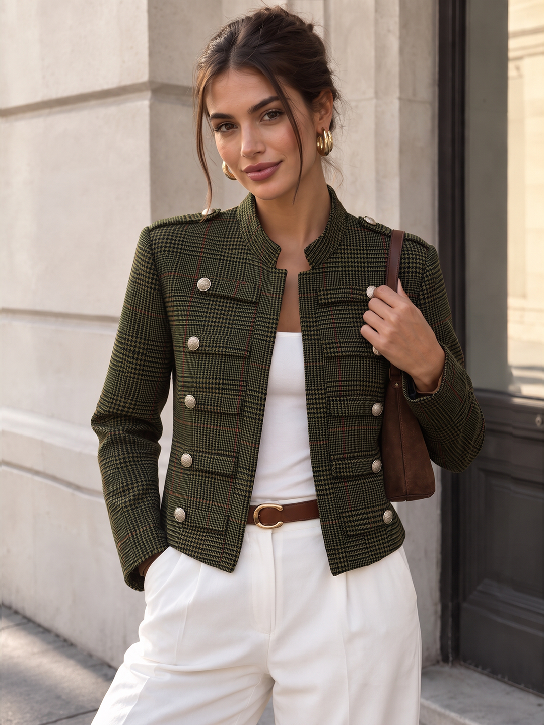 Army green stand collar military jacket with gold buttons and flap pockets