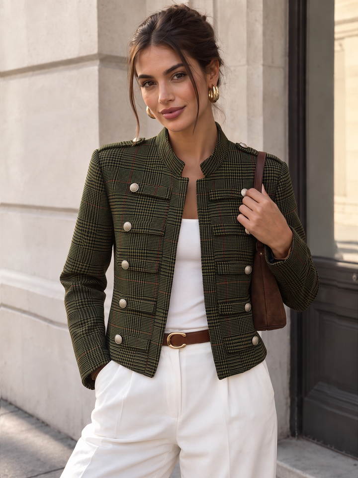 Army green stand collar military jacket with gold buttons and flap pockets