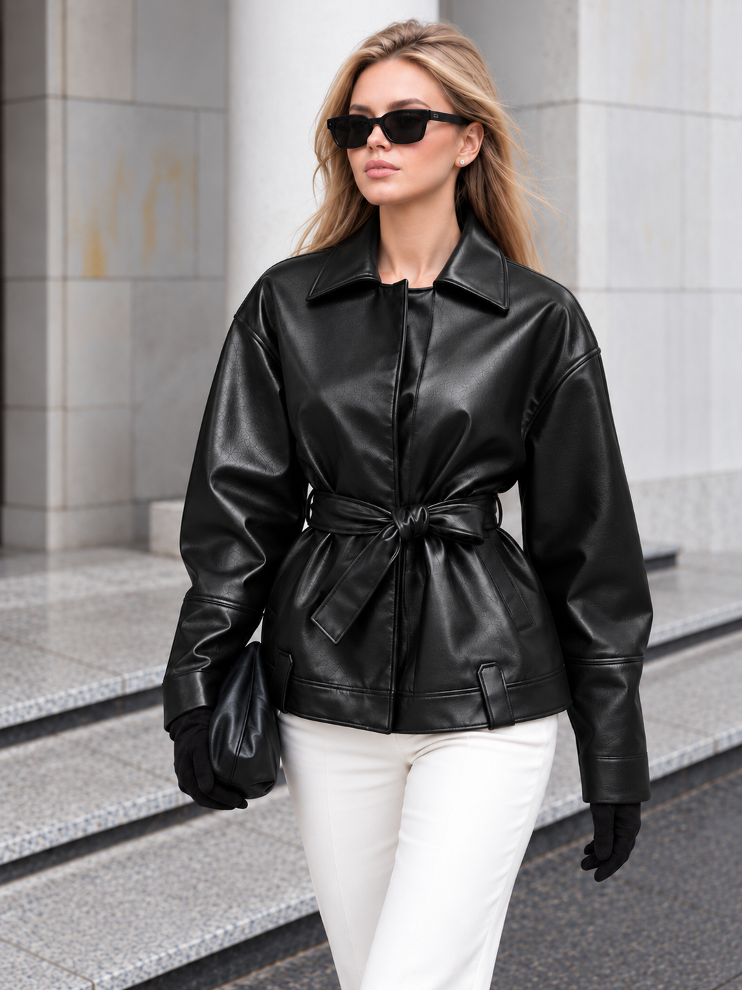 Black faux leather belted jacket worn with white jeans and gloves on city steps