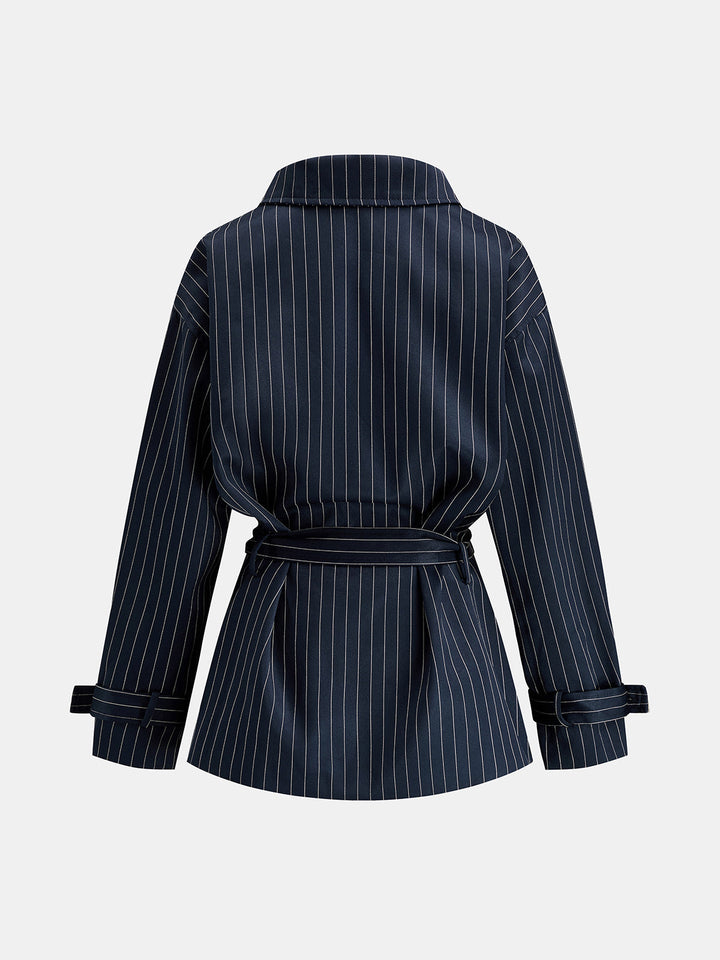 Lapel Collar Pinstripe Belted Trench Coat