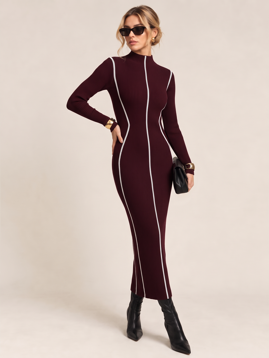 Contrast Trim Ribbed Knit Bodycon Dress