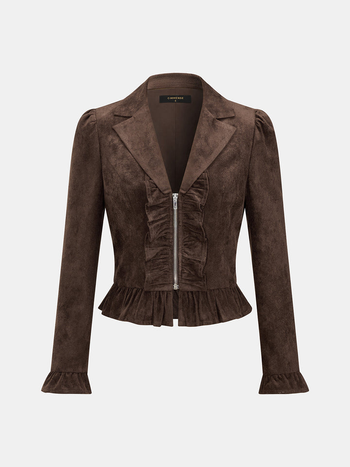 Dark brown faux suede jacket with zip front and ruffle hem, flat front product shot
