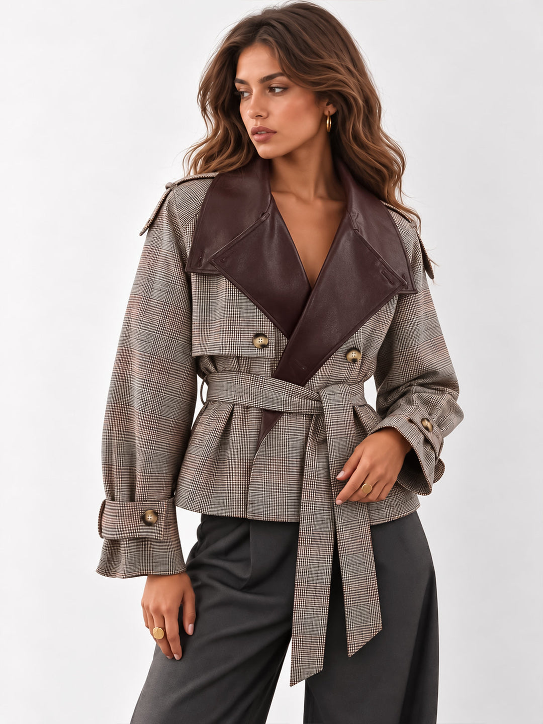 Reversible Collar Plaid Belted Trench Coat