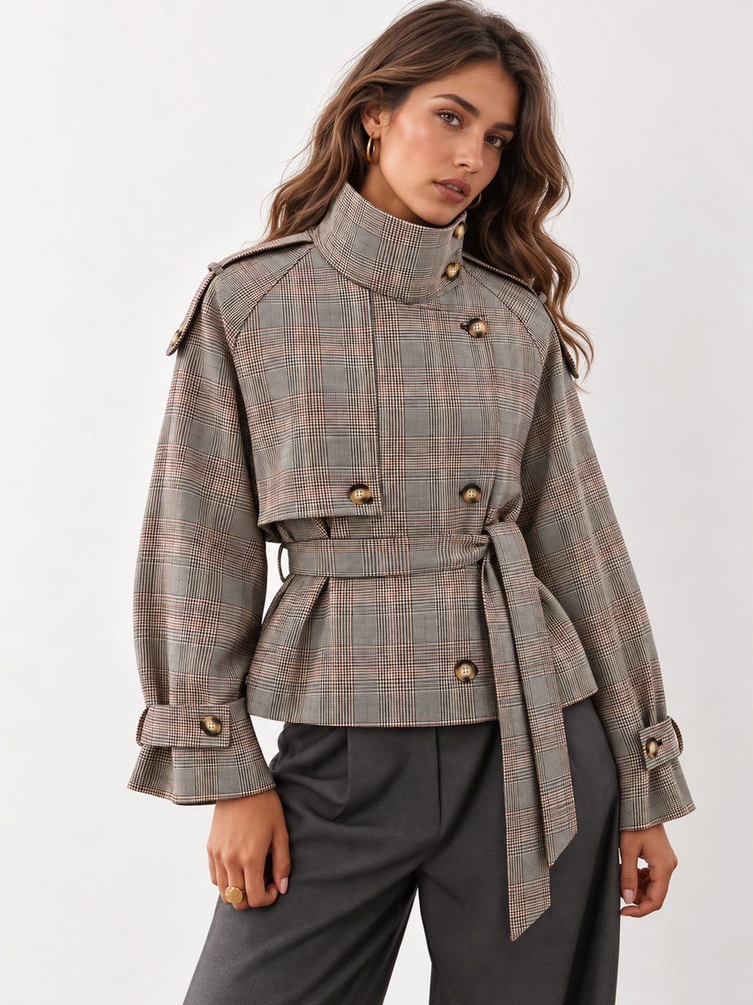 Reversible Collar Plaid Belted Trench Coat