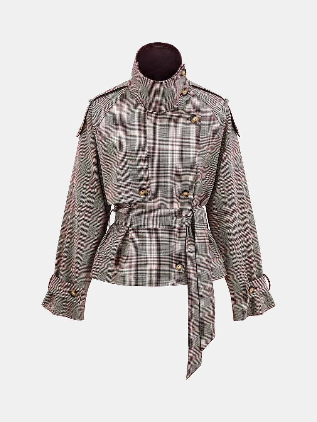 Reversible Collar Plaid Belted Trench Coat