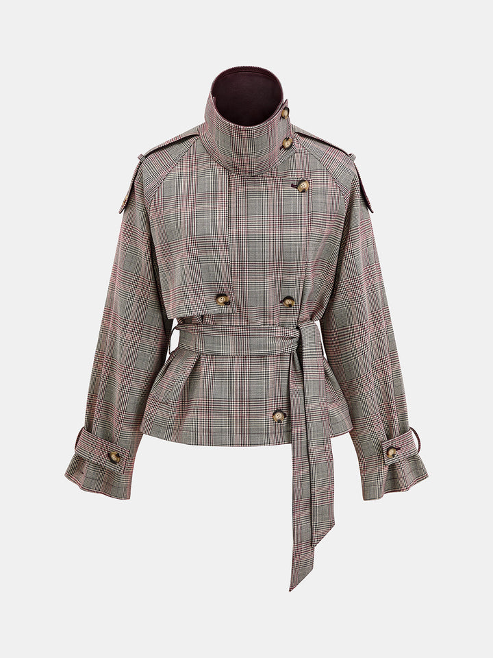 Reversible Collar Plaid Belted Trench Coat