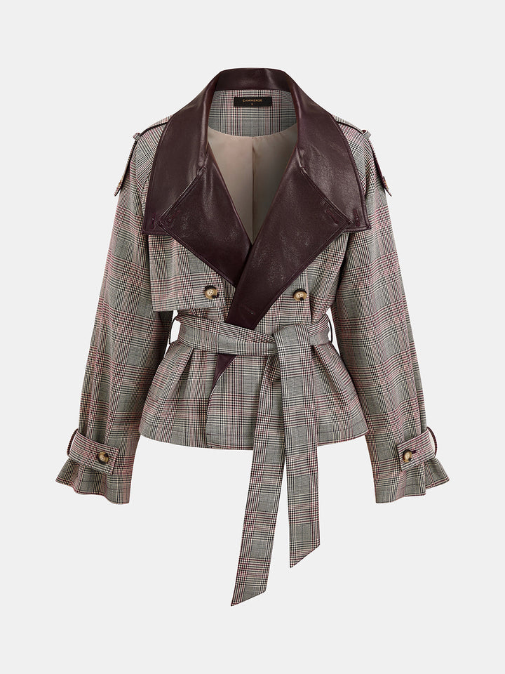 Reversible Collar Plaid Belted Trench Coat