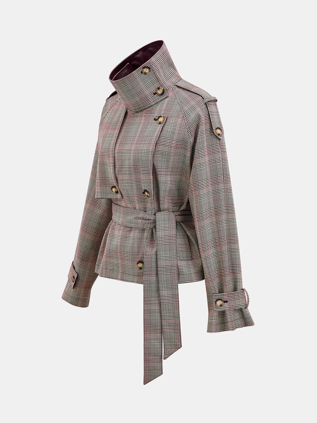 Reversible Collar Plaid Belted Trench Coat