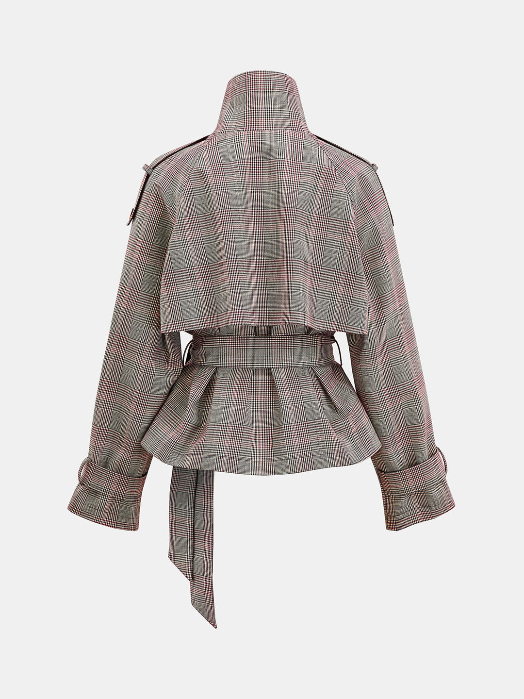 Reversible Collar Plaid Belted Trench Coat