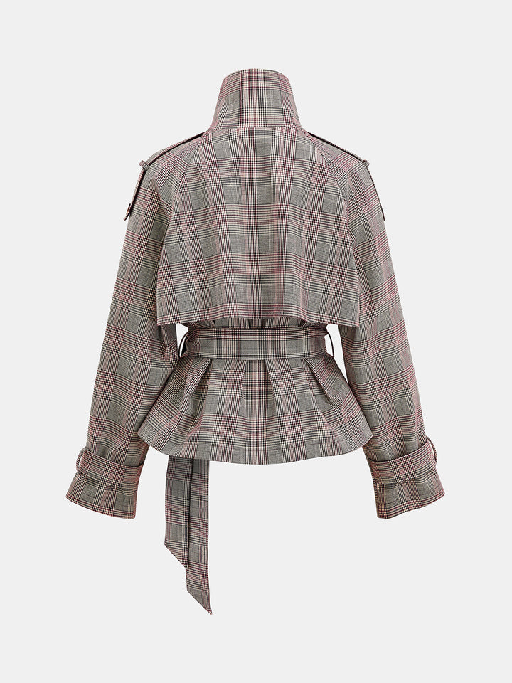 Reversible Collar Plaid Belted Trench Coat