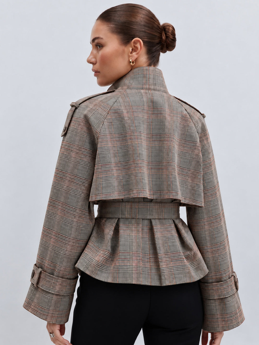 Reversible Collar Plaid Belted Trench Coat
