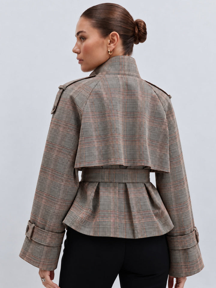 Reversible Collar Plaid Belted Trench Coat