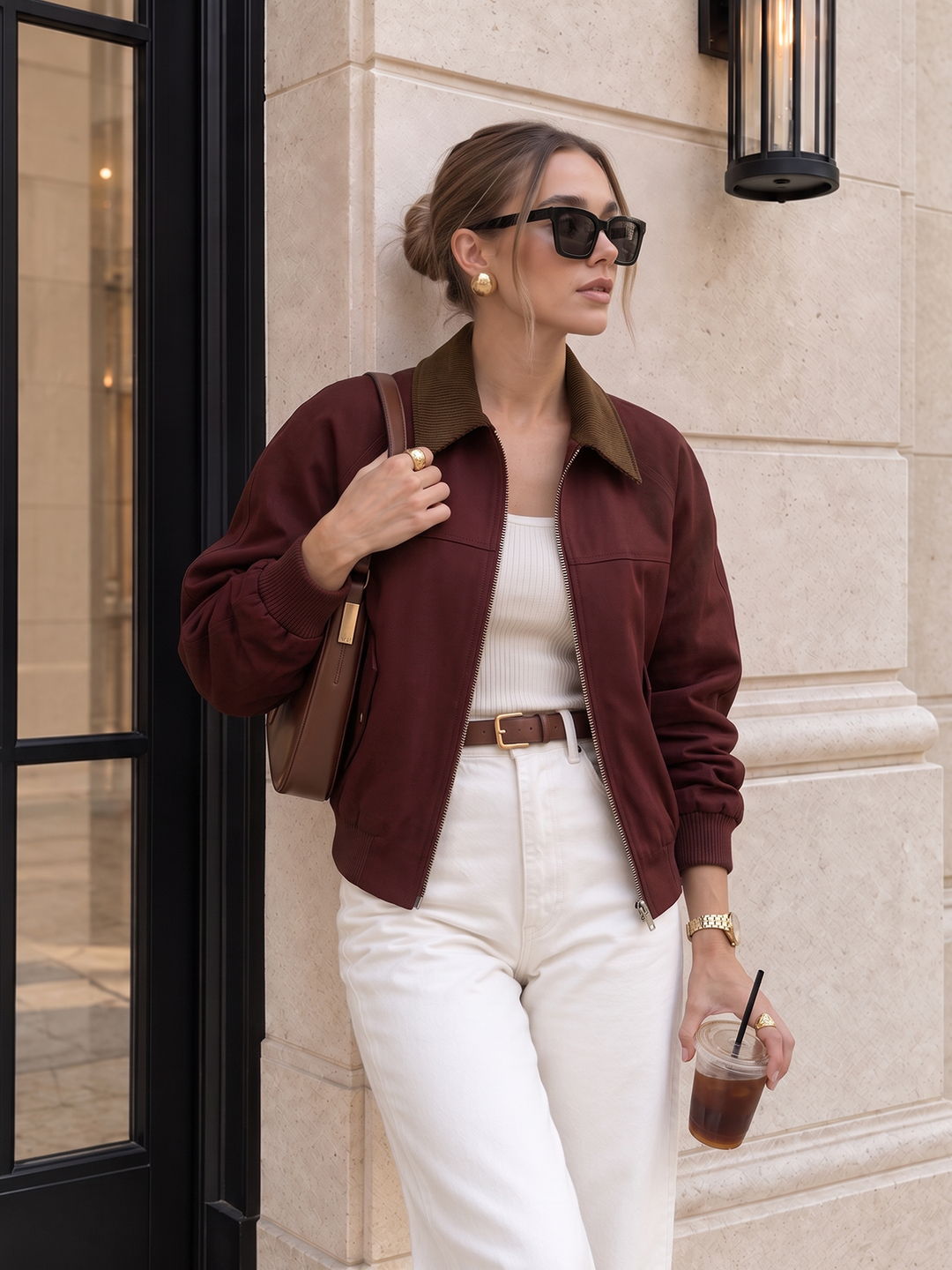 Burgundy colourway of the corduroy collar bomber jacket worn with white jeans and belt